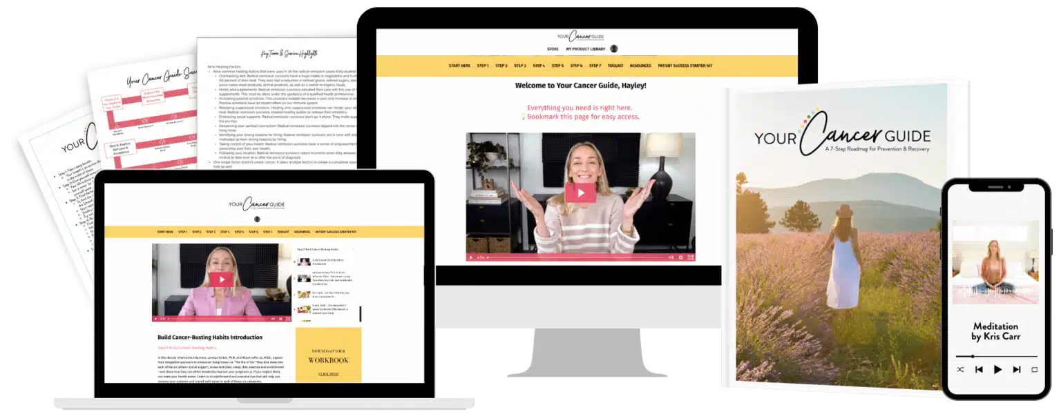 Your Cancer Guide workbook, online program, guidebook, and meditation resources shown on devices