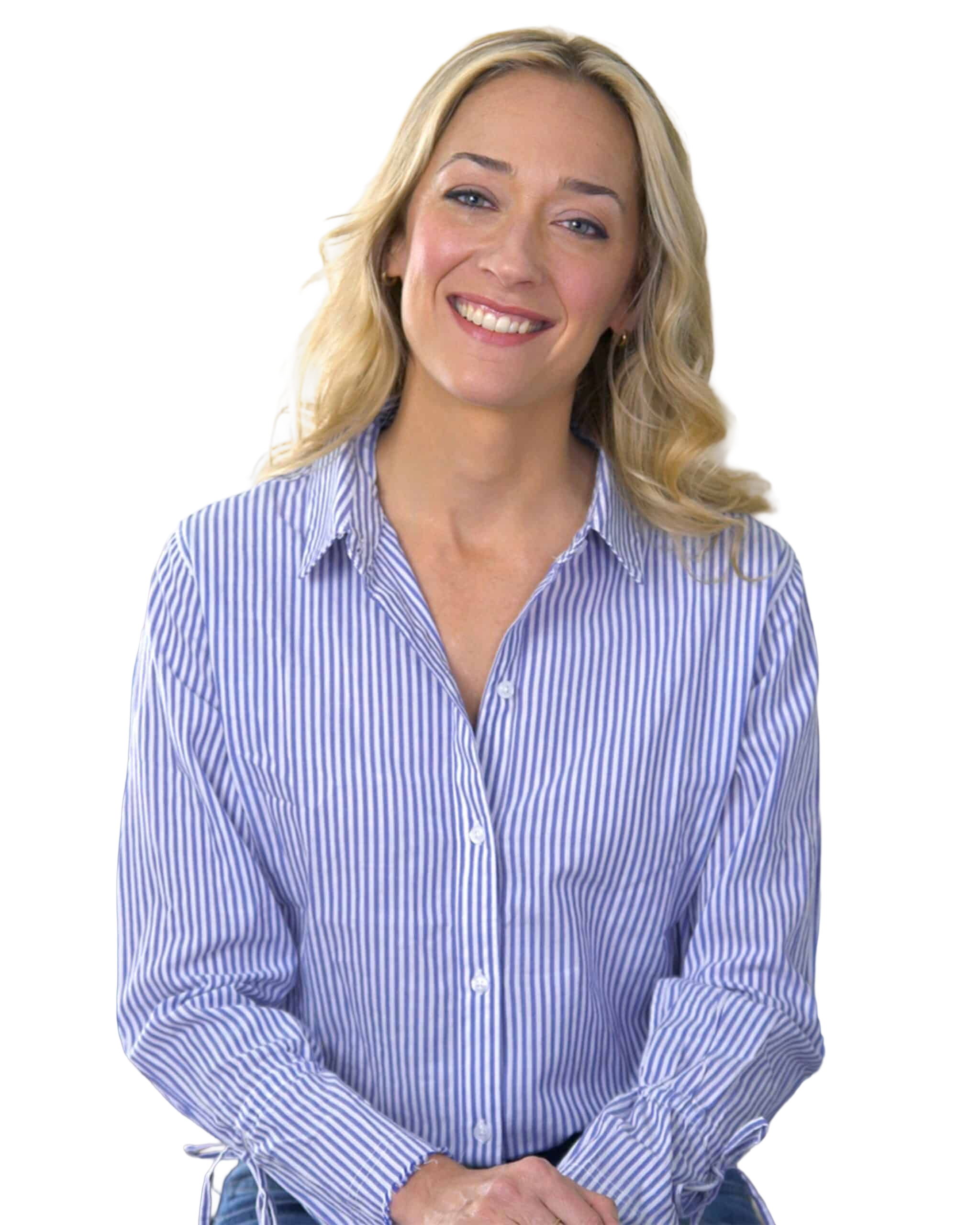 Kris Carr smiling in a blue striped shirt