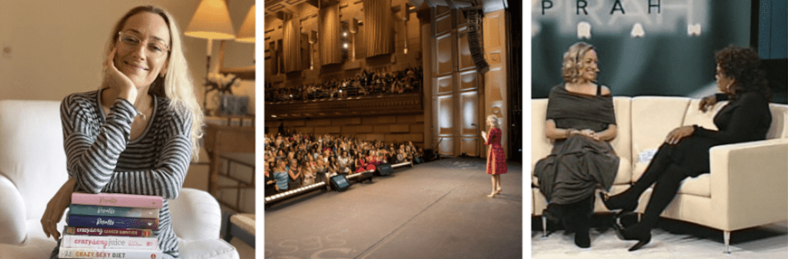 Kris Carr with her books, speaking on stage, and in conversation with Oprah Winfrey