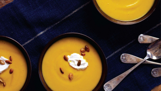 Roasted Squash Soup with Almond Cream & Spiced Pumpkin Seeds 